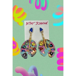 Betsey Johnson Abstract Artist Pallet & Brush Jewel Tone Stones Post Earrings